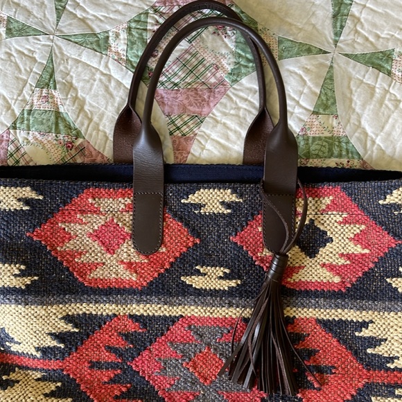 NEW! J Jill Southwestern Jacquard Aztec Tote Bag Leather Double Handle Handbag - Picture 4 of 7